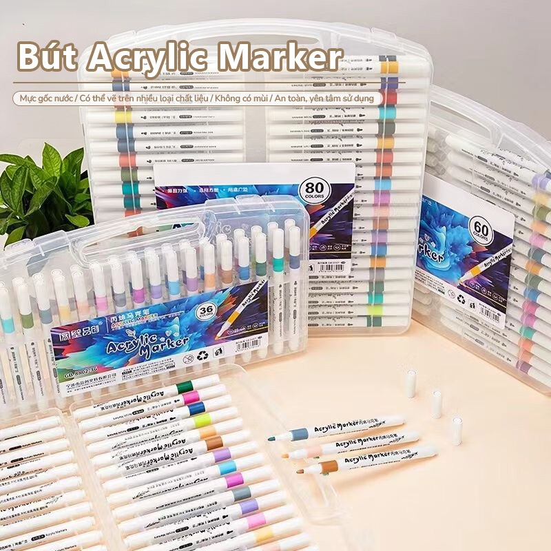Acrylic Marker Cho Bé Màu Set Dụng Cụ Học Tập, Vẽ Đẹp Trên Mọi Chất Liệu, Mực Không Lem, Đầu Tròn 12-80 Màu Cao Cấp