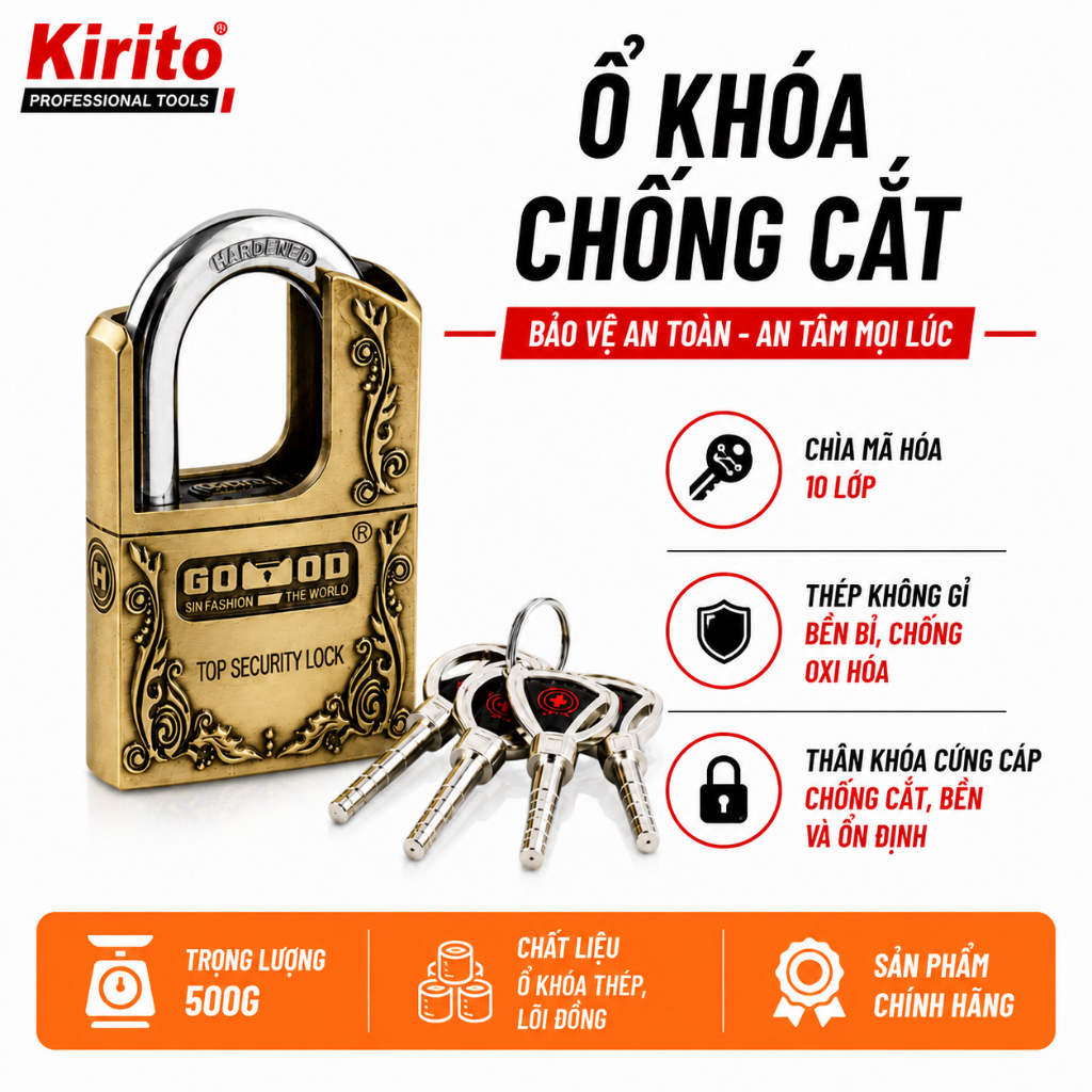 Ổ Khóa Chống Cắt Anbangde C3-50H Thép Không Gỉ, Chìa Mã Hóa 10 Lớp, Kèm 4 Chìa Khóa