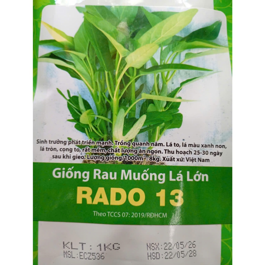 RAU MUỐNG LÁ LỚN RADO 13 ( gói 1kg) - Date luôn mới nhất - Hạt nảy mầm nhanh, mạnh