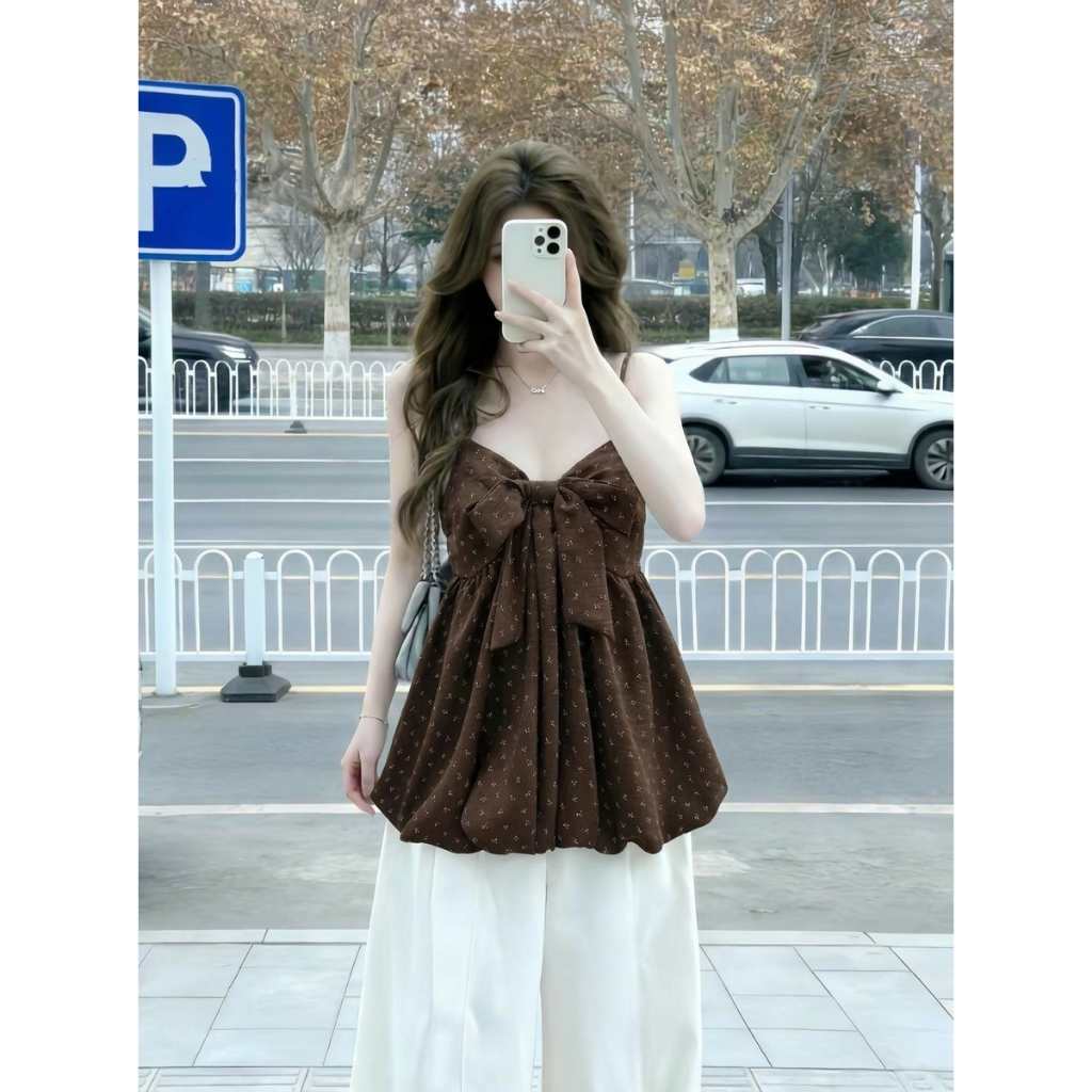 Áo hai dây babydoll dáng quả bí phồng thắt nơ ngực lớn hoa nhí áo kiểu nữ bánh bèo đi biển HCOM27340