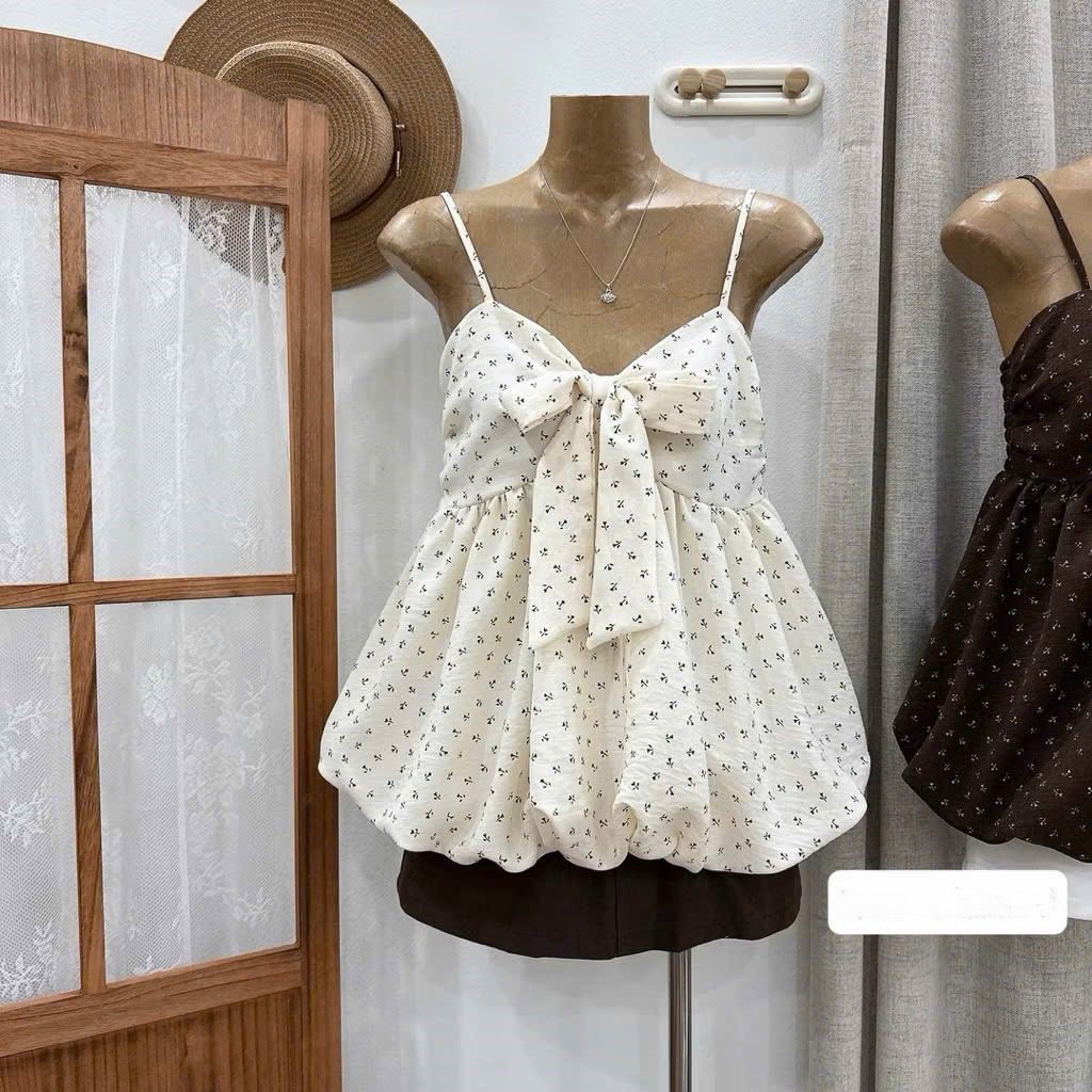 Áo hai dây babydoll dáng quả bí phồng thắt nơ ngực lớn hoa nhí áo kiểu nữ bánh bèo đi biển HCOM27340