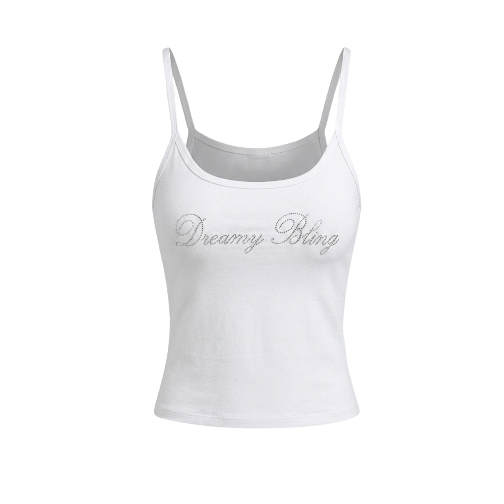 Ao 2 dây nữ đính chữ đá chữ Dreamy Bling Miều Est.2013 màu trắng vải thun cotton mịn sành điệu