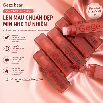 Son Kem Lì Gege Bear 6 Màu Chất Son Mịn Nhẹ Môi, Son Tint Nhung Dễ Tán Lâu Trôi Lên Màu Tự Nhiên