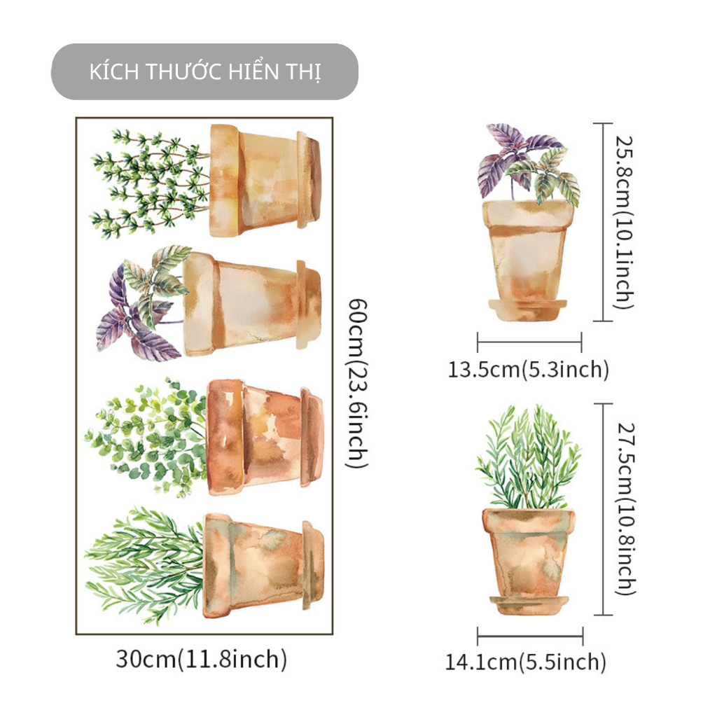 Decal Dán Tường Chậu Cây Xanh Có Keo Sẵn 30x60cm - Trang Trí Không Gian Bếp Tươi Mát