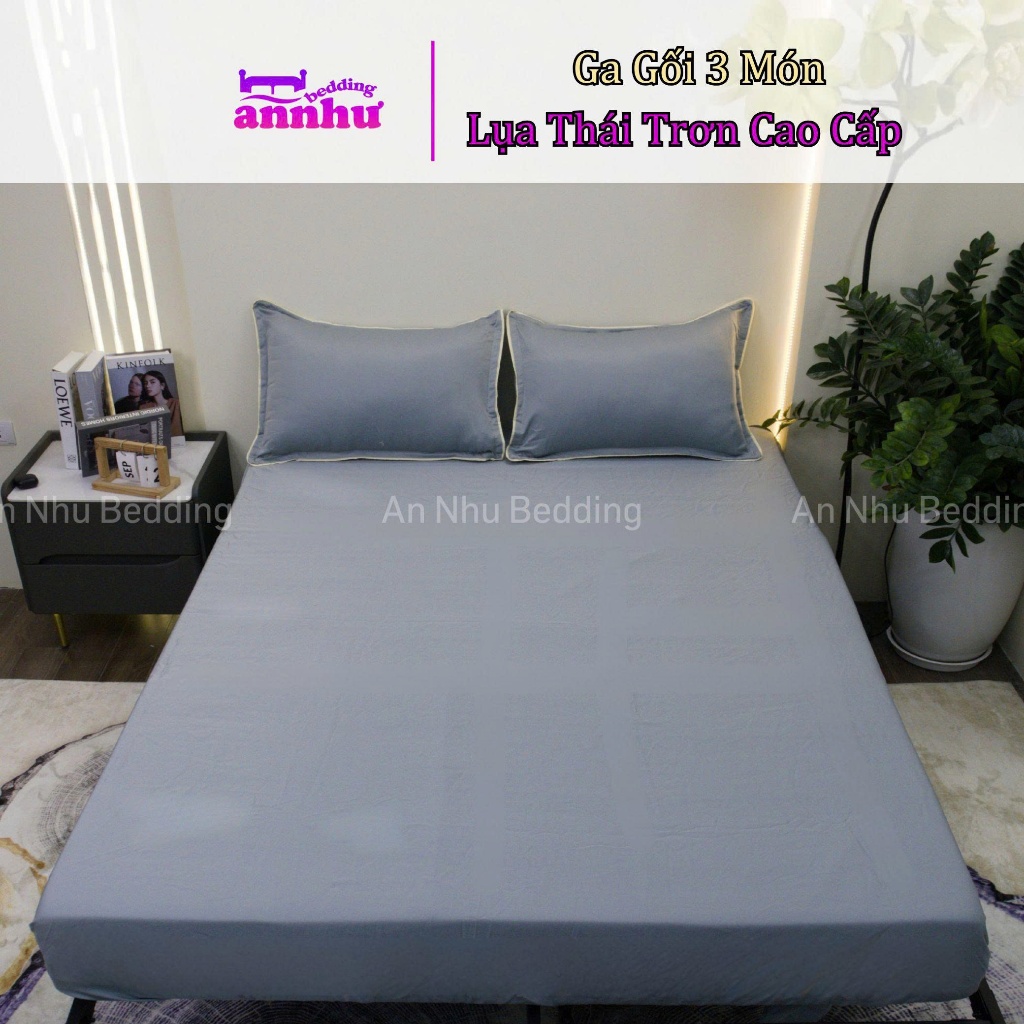 Set Ga Gối 3 Món Lụa Thái Trơn Cao Cấp , 1 ga trải giường  + 2 vỏ gối nằm 45x65cm