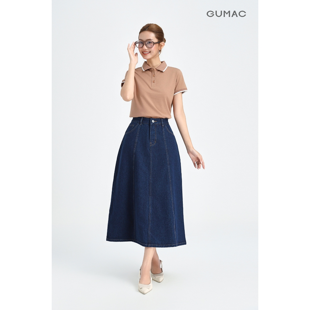 Chân váy jeans GUMAC - Gmorning denim form A midi cách điệu thân trước có túi hàm ếch YVJG04010