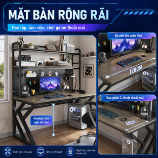 Bàn máy tính gaming đa năng kèm kệ sách pegboard khung chữ K cho học tập/làm việc