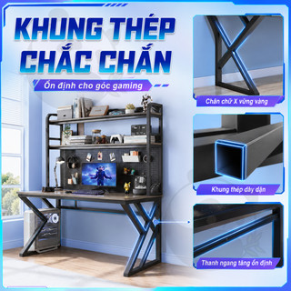 Bàn máy tính gaming đa năng kèm kệ sách pegboard khung chữ K cho học tập/làm việc