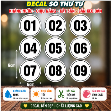 Decal Số Thứ Tự chống nước trang trí dán quán trà sữa, cà phê, quán ăn, dán tường, tủ.