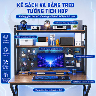 Bàn máy tính gaming đa năng kèm kệ sách pegboard khung chữ K cho học tập/làm việc