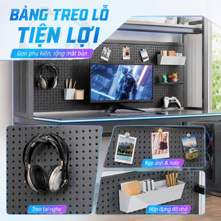 Bàn máy tính gaming đa năng kèm kệ sách pegboard khung chữ K cho học tập/làm việc