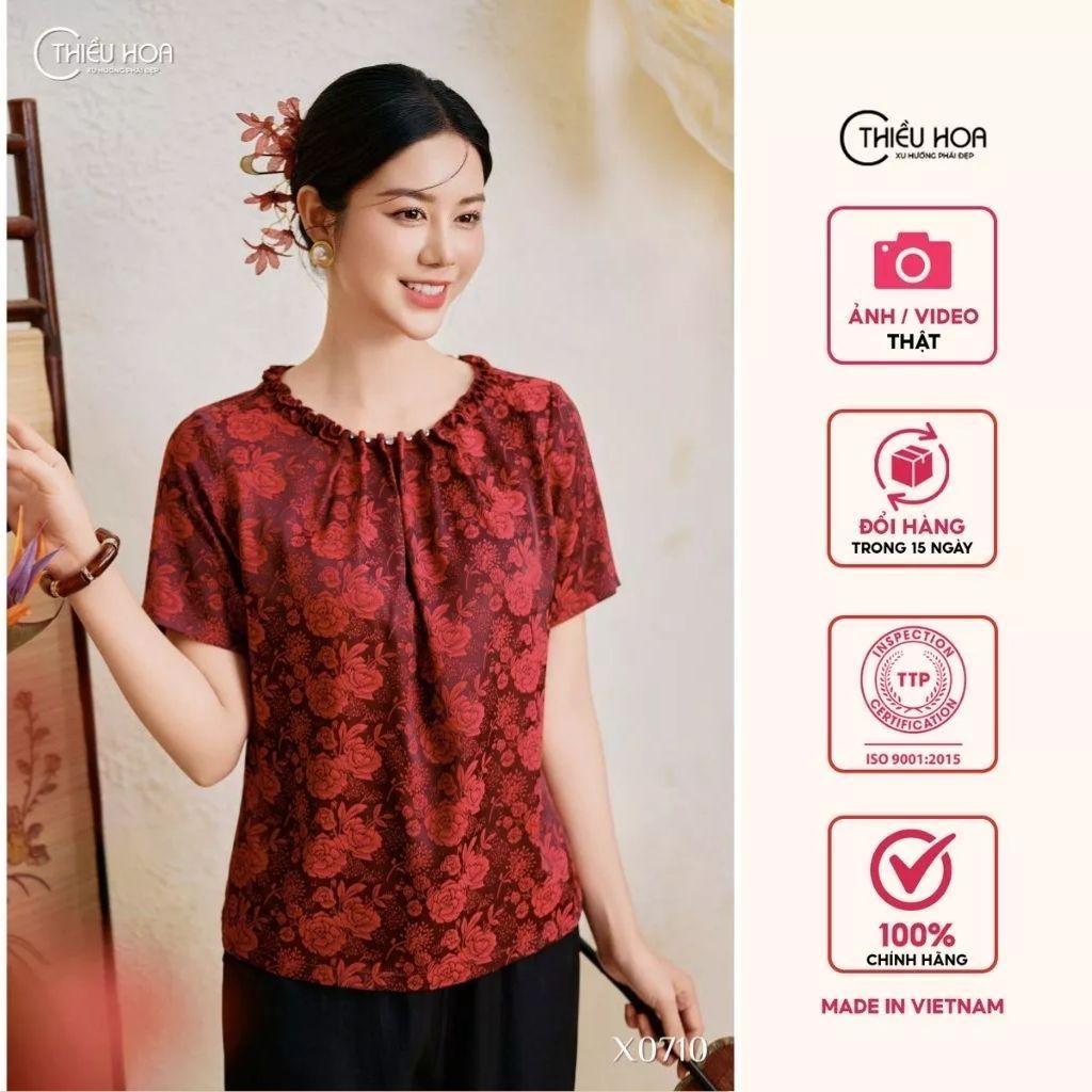 Áo kiểu trung niên vải Gấm hoa dệt nổi tạo hiệu ứng sang trọng thương hiệu Thiều Hoa AN5X0710