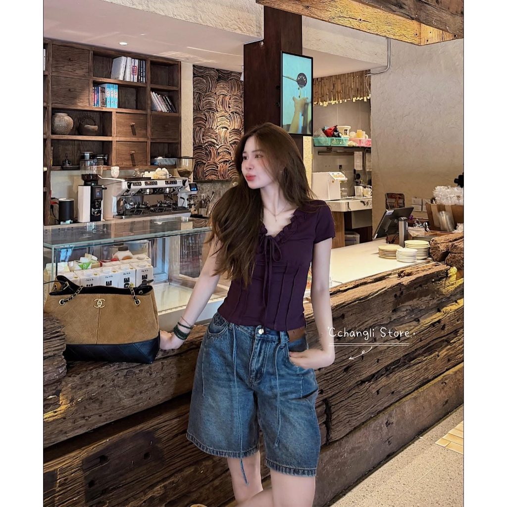 Áo kiểu corset ôm body cổ v nhún ngực thắt nơ áo blouse tay bồng milkmaid dạo phố đi chơi HCOM27341