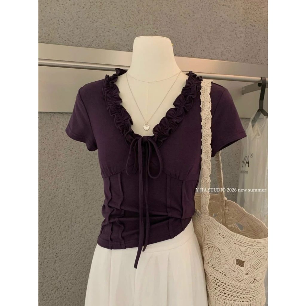 Áo kiểu corset ôm body cổ v nhún ngực thắt nơ áo blouse tay bồng milkmaid dạo phố đi chơi HCOM27341