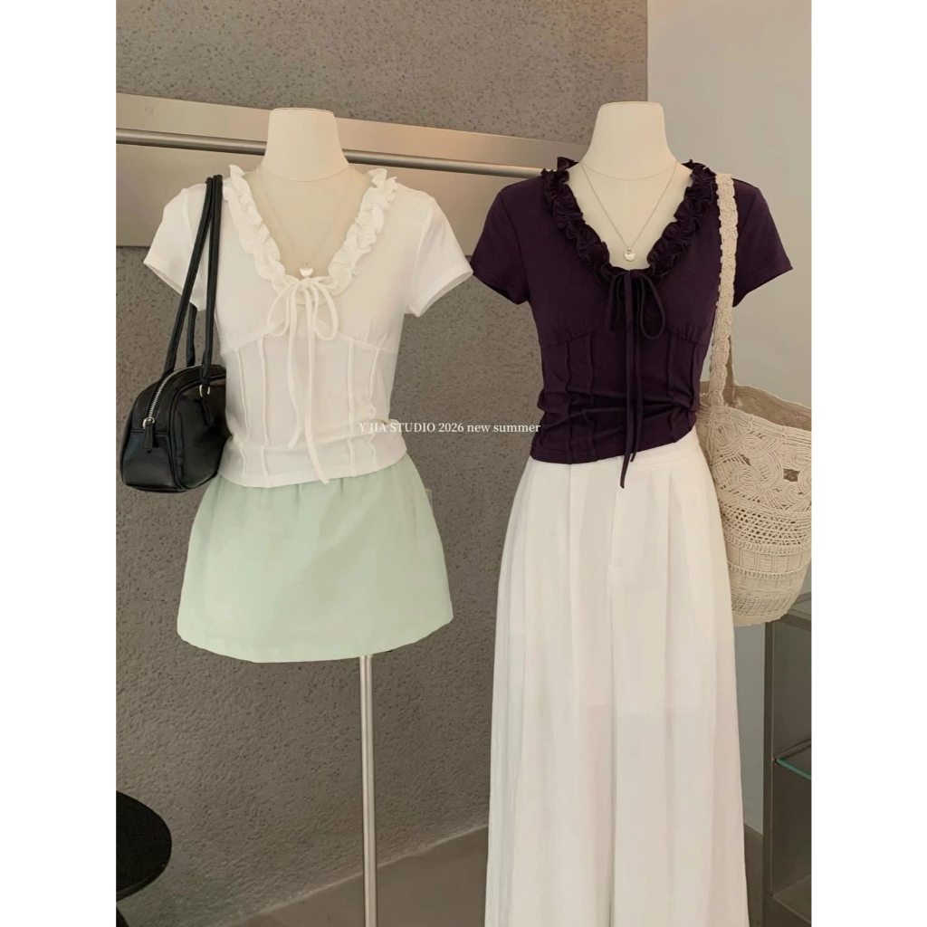 Áo kiểu corset ôm body cổ v nhún ngực thắt nơ áo blouse tay bồng milkmaid dạo phố đi chơi HCOM27341