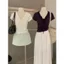 Áo blouse milkmaid cổ v bèo nhún thắt dây nơ rủ thô đũi xước ôm sát nách ôm dáng cá tính HCOM27341