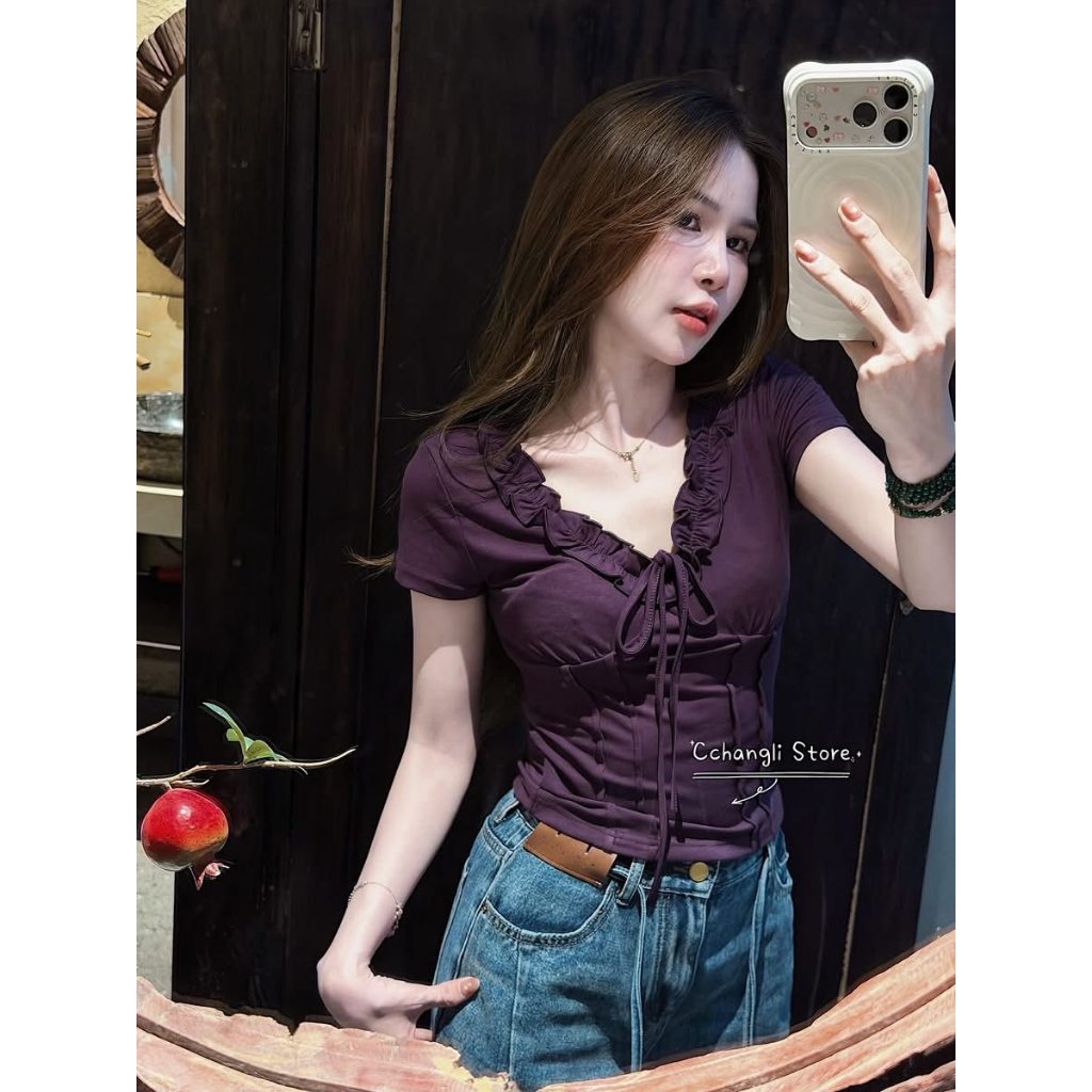 Áo kiểu corset ôm body cổ v nhún ngực thắt nơ áo blouse tay bồng milkmaid dạo phố đi chơi HCOM27341