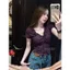 Áo blouse milkmaid cổ v bèo nhún thắt dây nơ rủ thô đũi xước ôm sát nách ôm dáng cá tính HCOM27341