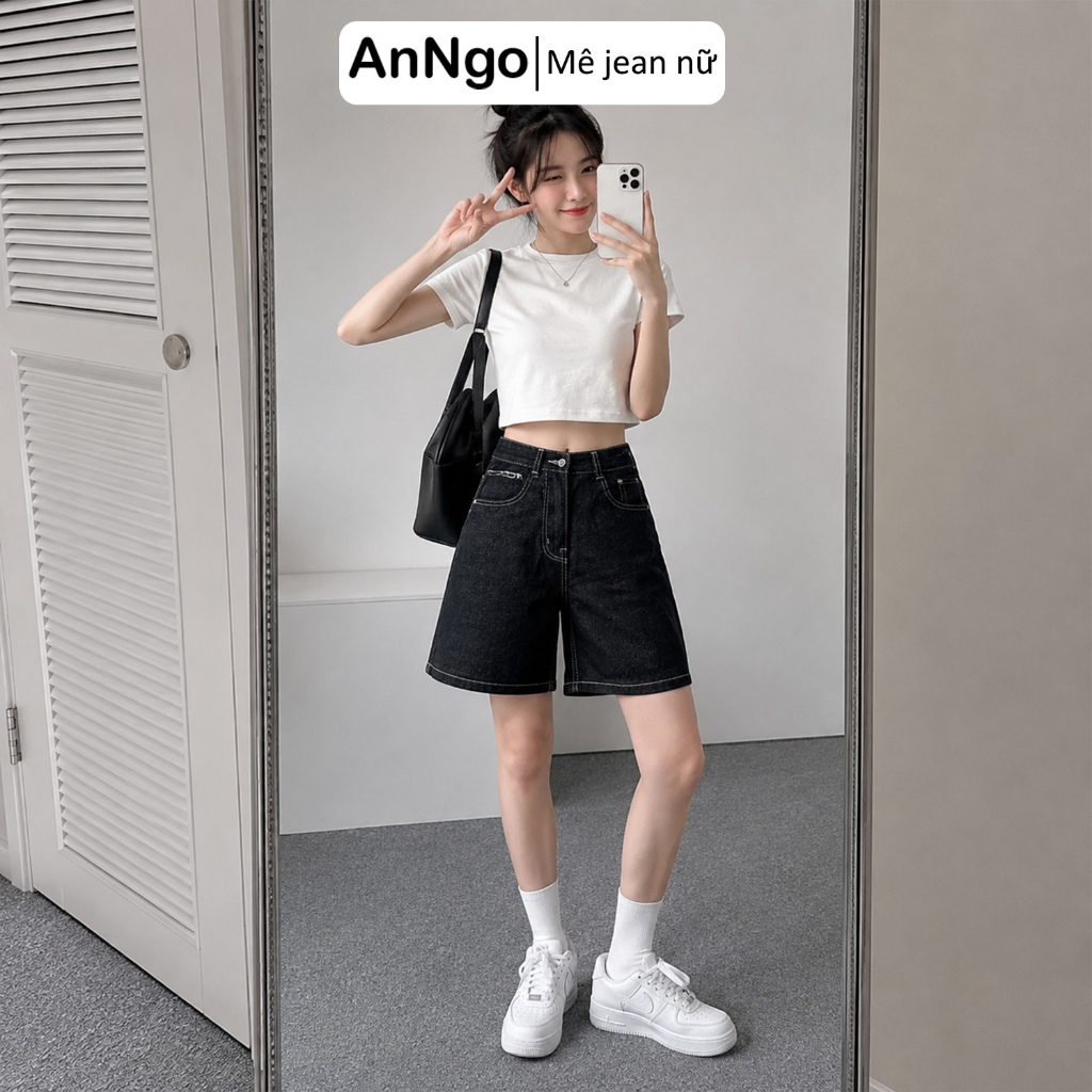 Quần jean ngố nữ ống rộng chất denim không giãn dày dặn Anngo - At562