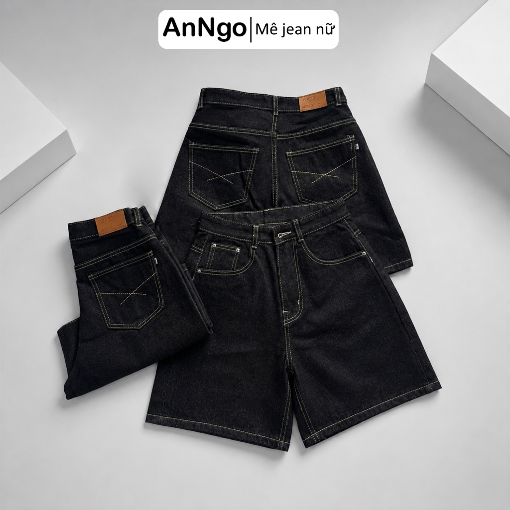 Quần jean ngố nữ ống rộng chất denim không giãn dày dặn Anngo - At562