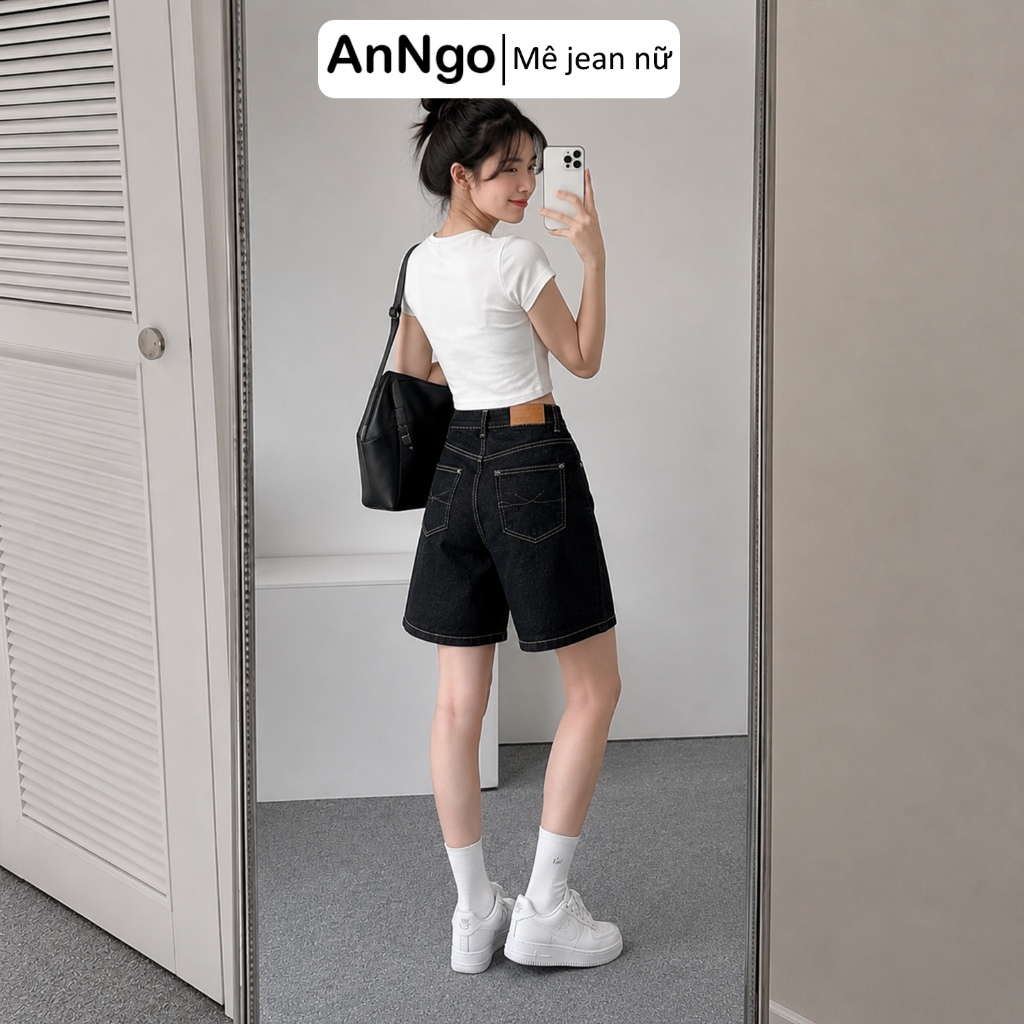Quần jean ngố nữ ống rộng chất denim không giãn dày dặn Anngo - At562