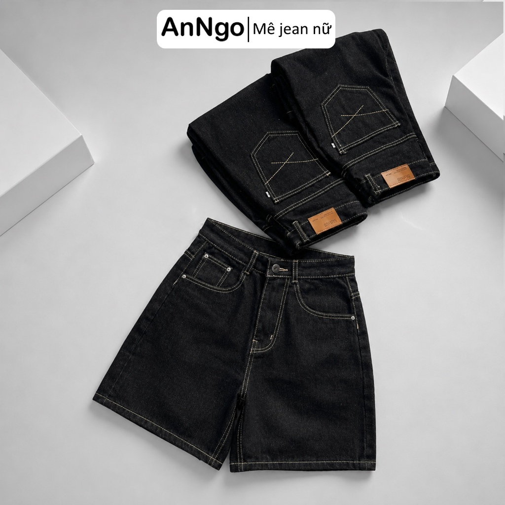 Quần jean ngố nữ ống rộng chất denim không giãn dày dặn Anngo - At562