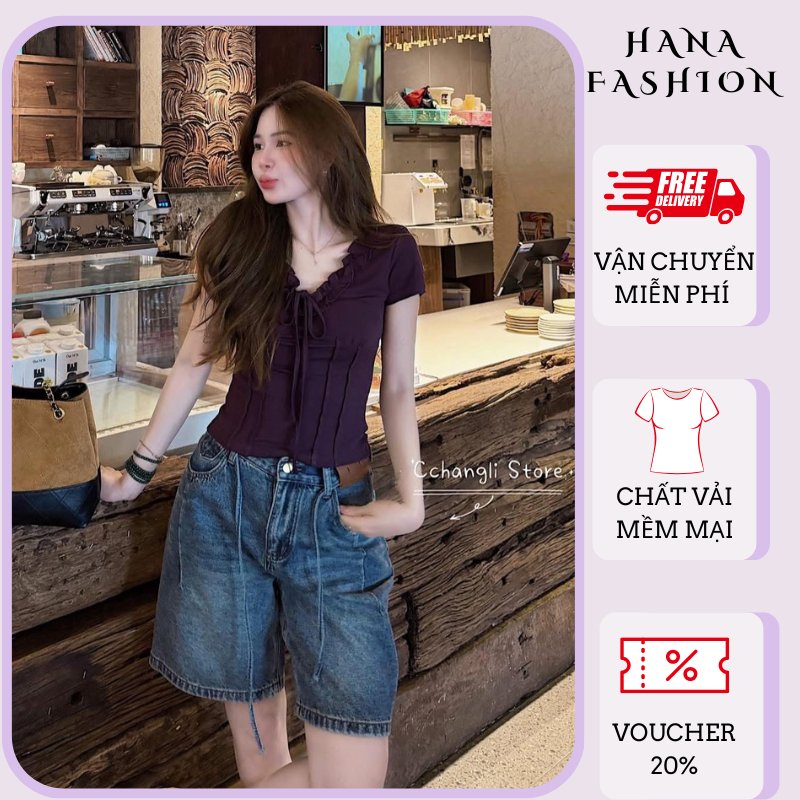 Áo kiểu corset ôm body cổ v nhún ngực thắt nơ áo blouse tay bồng milkmaid dạo phố đi chơi HCOM27341