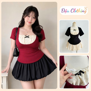 Set Bộ Bigsize Nữ (CÓ LẺ ÁO VÁY) Áo Tiểu Thư Tay Ngắn Phối Ren Kèm Chân Váy Bí Bồng Noel Tết SET948