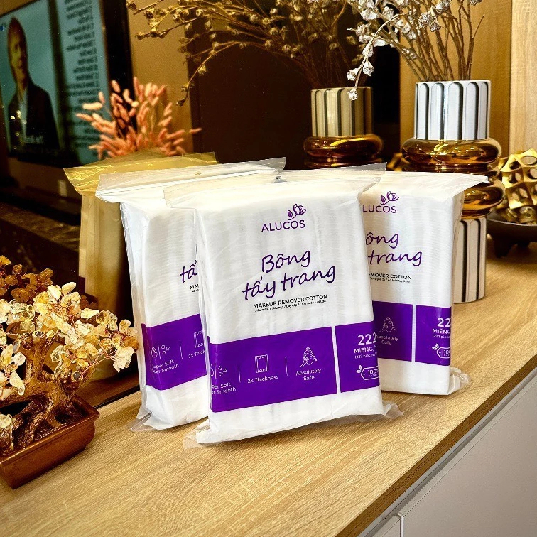 Bông tẩy trang ALUCOS mẫu mới siêu dày 222 miếng, bông tẩy trang vuông tròn