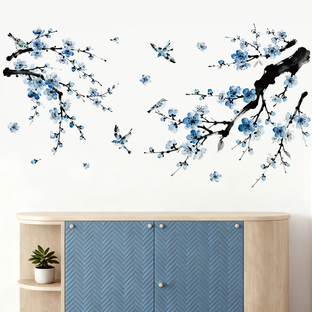 Decal Dán Tường Hoa Đào Xanh Có Keo Sẵn 122x65cm - Trang Trí Phòng Khách Và Phòng Ngủ