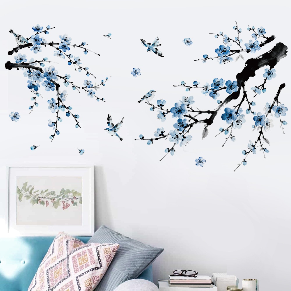 Decal Dán Tường Hoa Đào Xanh Có Keo Sẵn 122x65cm - Trang Trí Phòng Khách Và Phòng Ngủ