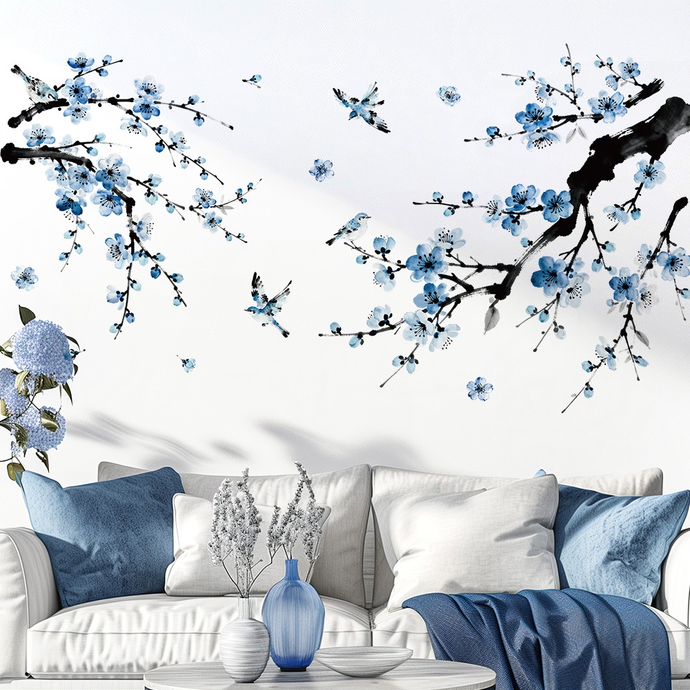 Decal Dán Tường Hoa Đào Xanh Có Keo Sẵn 122x65cm - Trang Trí Phòng Khách Và Phòng Ngủ