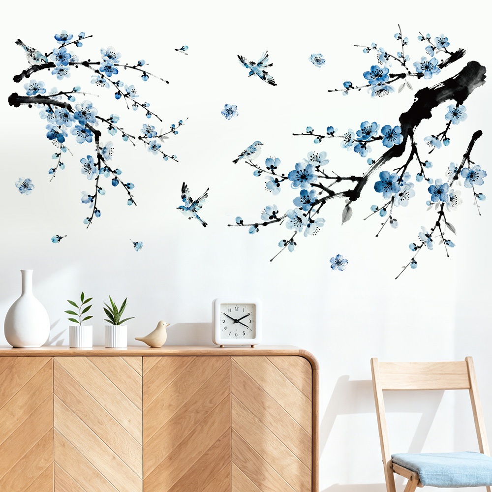 Decal Dán Tường Hoa Đào Xanh Có Keo Sẵn 122x65cm - Trang Trí Phòng Khách Và Phòng Ngủ