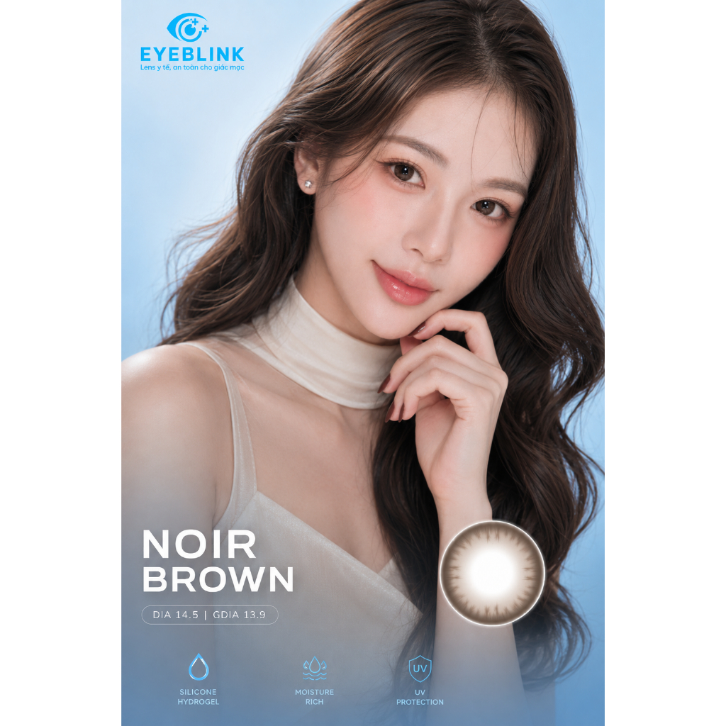 Kính áp tròng nâu Giãn NOIR BROWN 14.5mm chất liệu Silicone Hydrogel 14h-24h  6 tháng EyeBlink