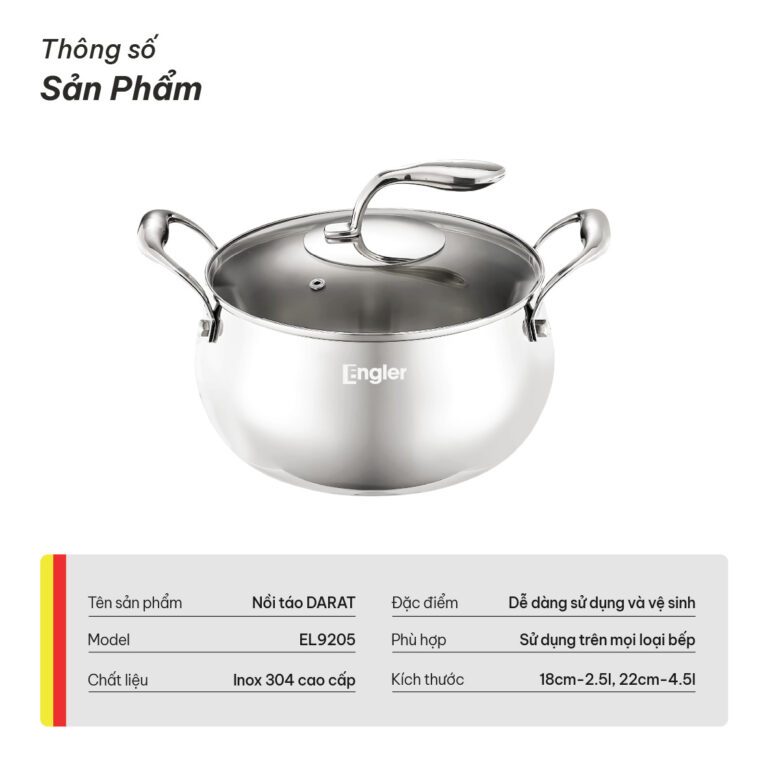 Nồi Inox 304 Engler EL9205 Đáy 5 Lớp Thân 3 Lớp Dùng Mọi Loại Bếp Truyền Nhiệt Nhanh