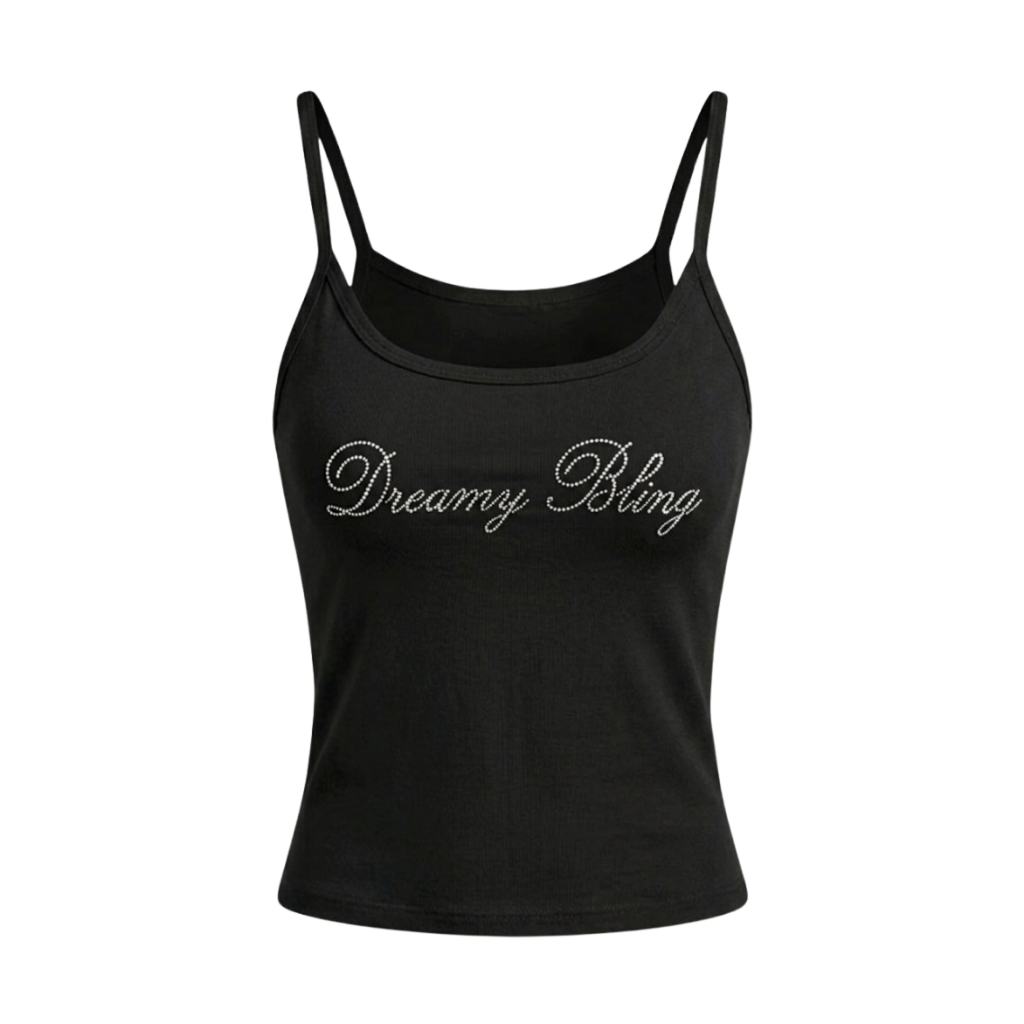 Ao 2 dây nữ đính chữ đá chữ Dreamy Bling Miều Est.2013 màu trắng vải thun cotton mịn sành điệu