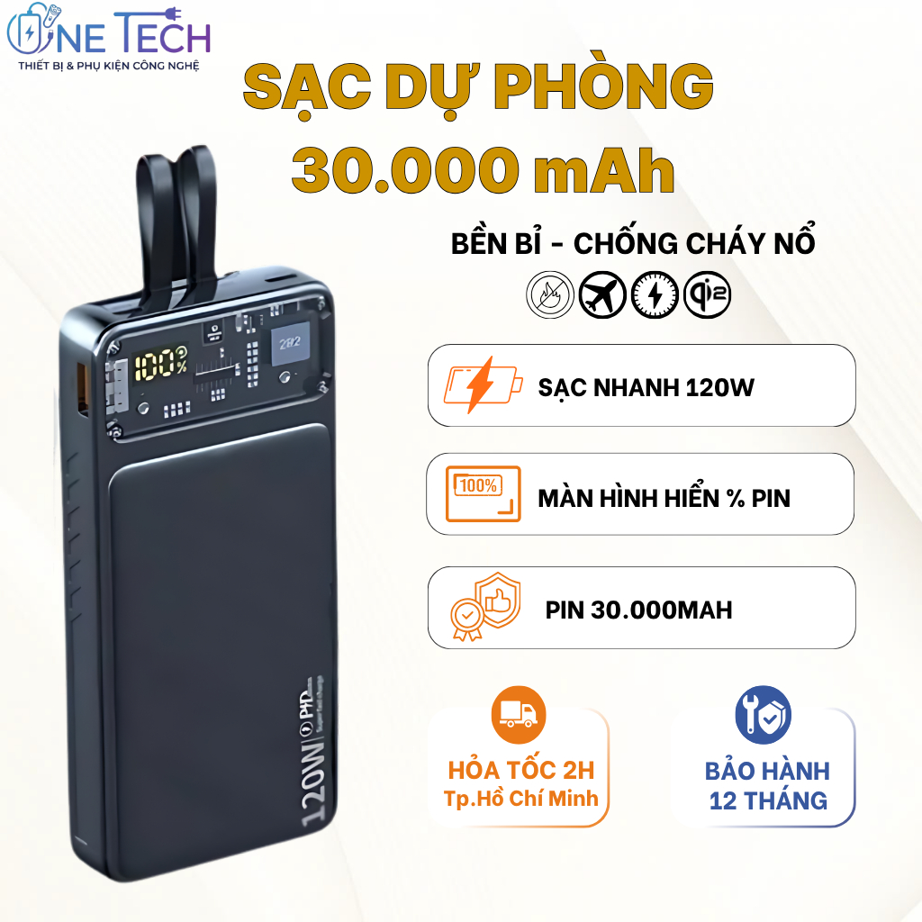 Sạc dự phòng Led 30000mah Sạc nhanh 120W Tích hợp sẵn 2 dây sạc LN và Type C Màn hình hiển thị Pin
