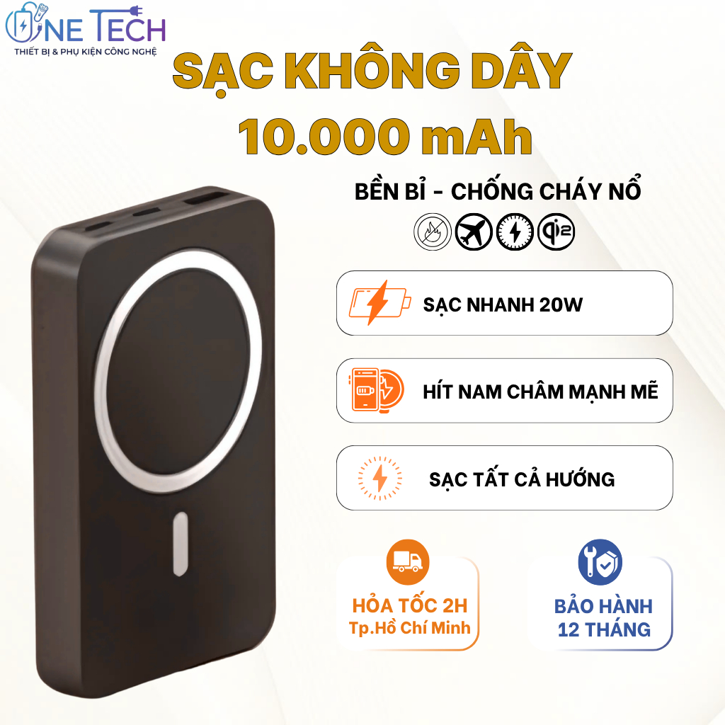 Sạc dự phòng không dây từ tính 10.000mAh,Có sẵn 2 dây sạc - Hít Nam Châm Siêu Chắc