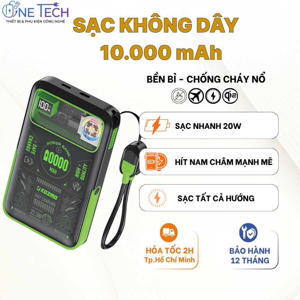 Bộ Sạc Kèm Dây Hít Nam Châm KOZMO6 10000mAh – Siêu Mỏng, Tản Nhiệt, Màn Hình LED, Sạc Nhanh Tiện Lợi