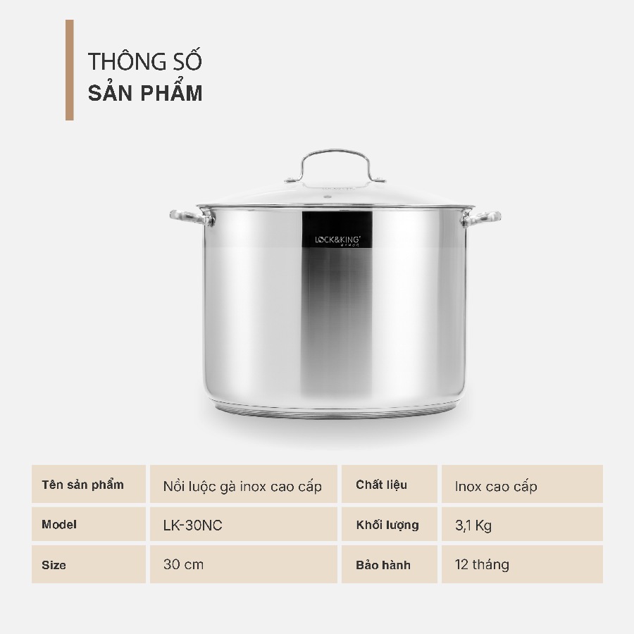 Nồi Luộc Gà Inox 304 Lock&King LK-30NC LK-32NC Dung Tích 15L 17L Đáy 5 Lớp Dùng Mọi Loại Bếp
