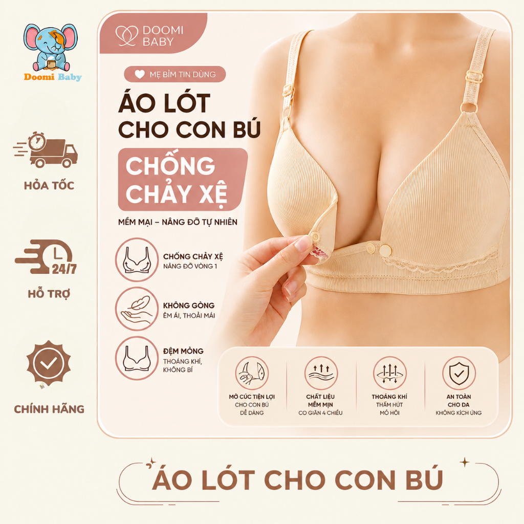 Áo Lót Cho Con Bú| Áo Ngực CHỐNG CHẢY XỆ| HÀNG CHÍNH HÃNG | Mềm| Không Gọng| Đệm Mỏng –  Doomi Baby – HT709