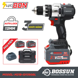 Máy Khoan Pin BOSSUN 21V M21B-ID1380BL 13mm Không Chổi Than Lực Siết 80Nm 3 Chức Năng Khoan Búa Bắt Vít