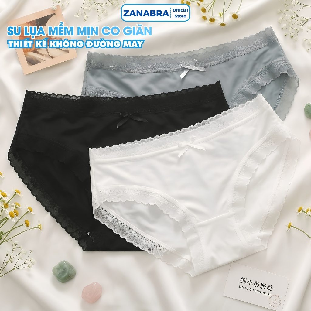 Quần Lót Nữ Su Viền Ren Cạp Vừa, Quần Lót Su Mịn Thấm Hút Thoáng Mát ZANABRA L519