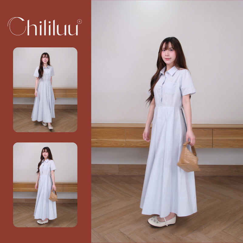 Đầm maxi Chililuu váy maxi dáng dài xếp ly thanh lịch phong cách Hàn Quốc kèm đai lưng
