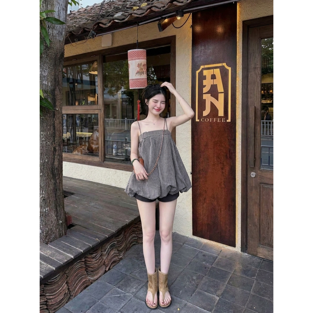 Áo hai dây babydoll dáng quả bí phồng kẻ caro vintage áo kiểu nữ bánh bèo đi biển du lịch HCOM27343