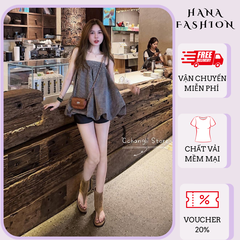 Áo hai dây babydoll dáng quả bí phồng kẻ caro vintage áo kiểu nữ bánh bèo đi biển du lịch HCOM27343