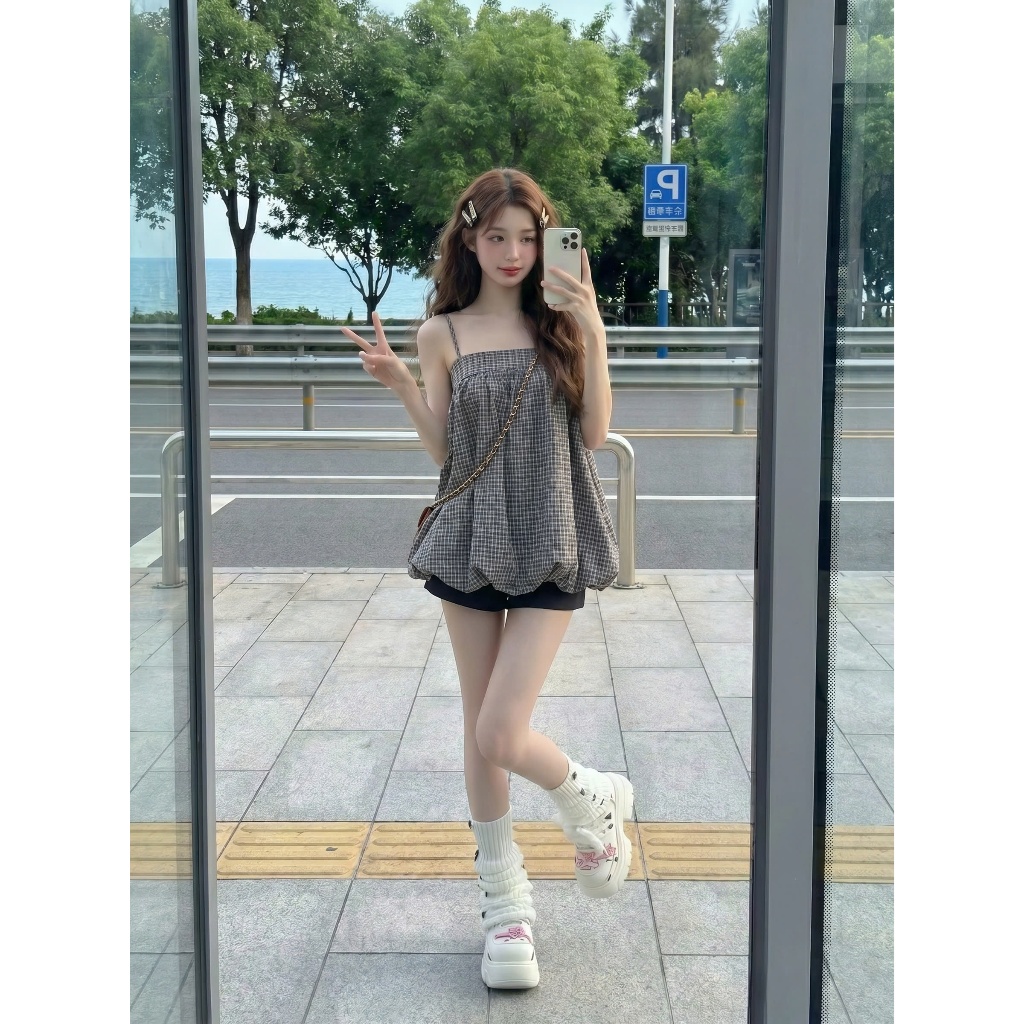 Áo hai dây babydoll dáng quả bí phồng kẻ caro vintage áo kiểu nữ bánh bèo đi biển du lịch HCOM27343