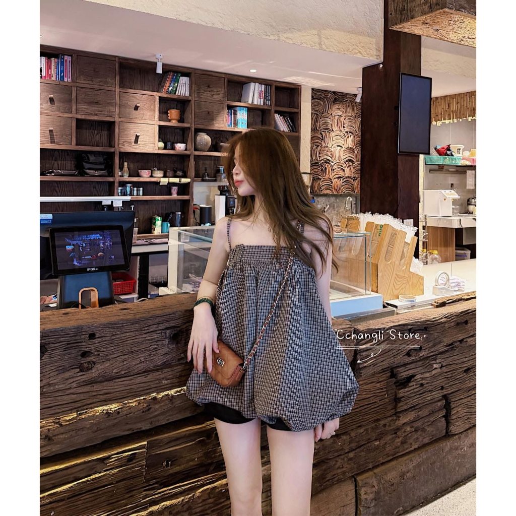 Áo hai dây babydoll dáng quả bí phồng kẻ caro vintage áo kiểu nữ bánh bèo đi biển du lịch HCOM27343