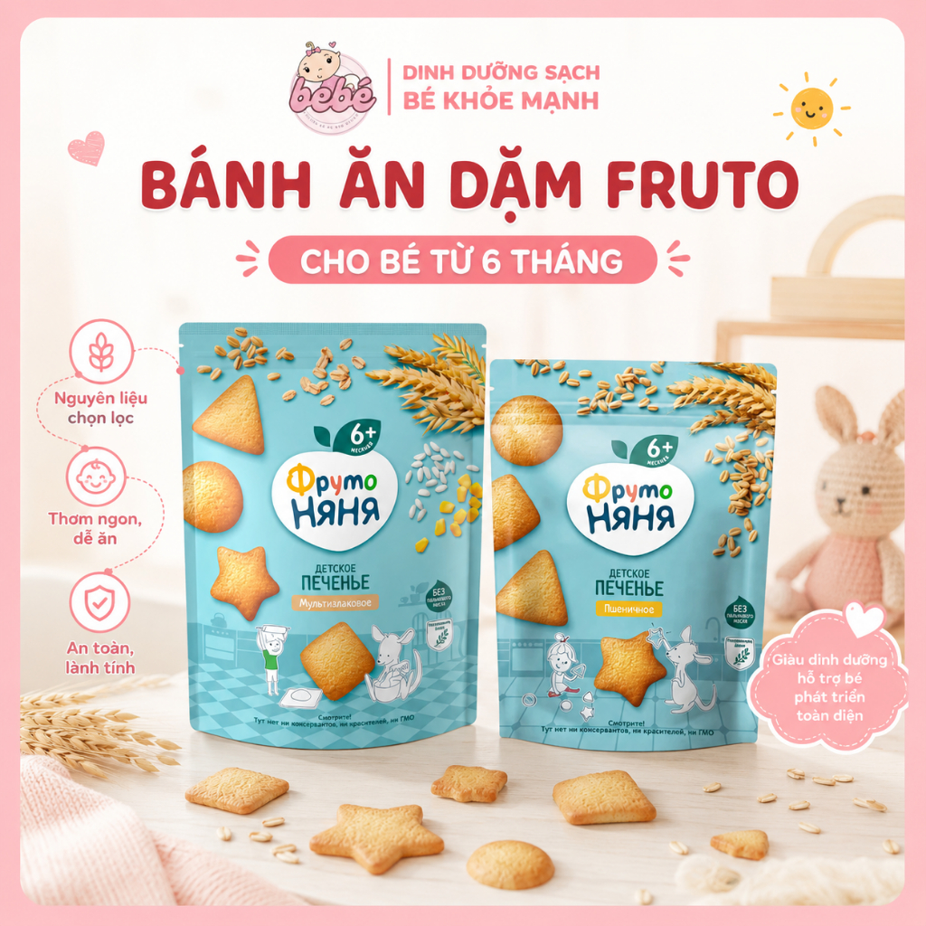Bánh ăn dặm Fruto Nga cho bé từ 6 tháng 120g, vị ngũ cốc và yến mạch cực ngon
