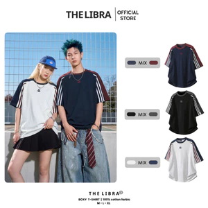 Áo Thun Boxy Nam Nữ LIBRA Phối Viền Chất Cotton Thêu Logo Chữ Màu Pastel Form Rộng Thoáng Mát